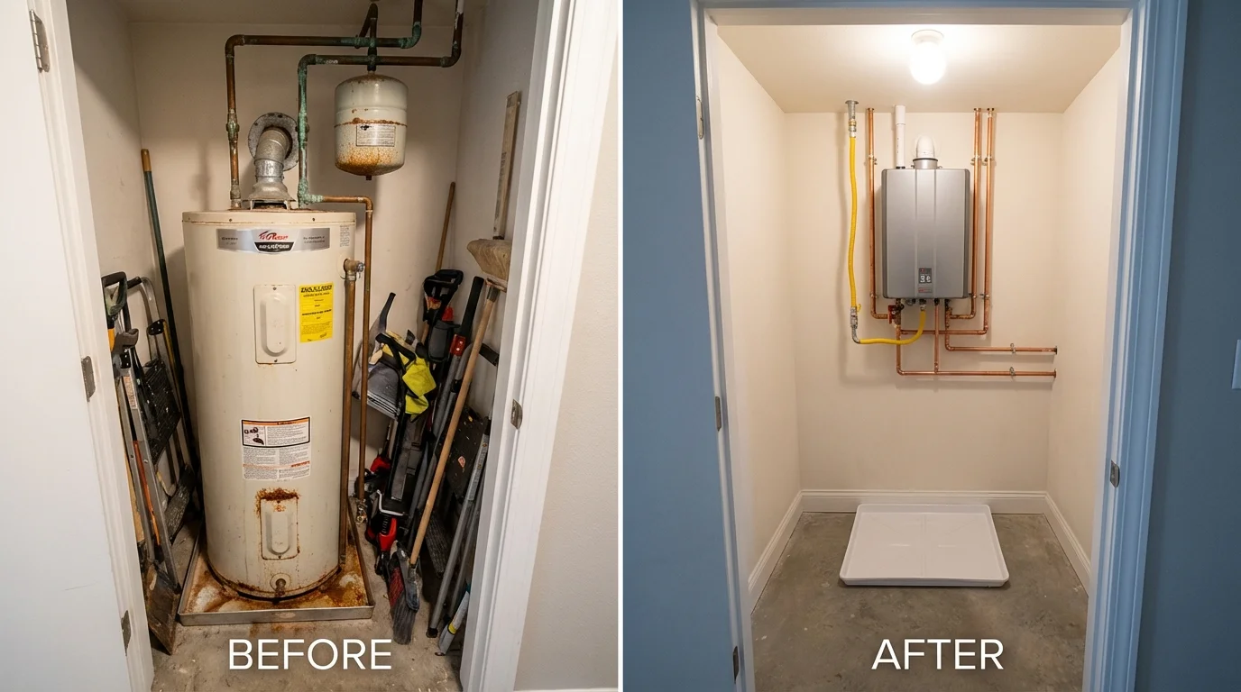 Tank water heater versus wall-mounted tankless unit comparison for Wallace, NC homeowners