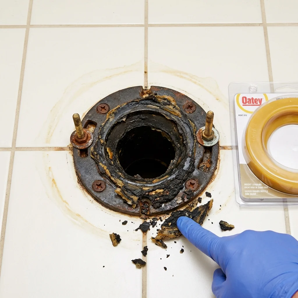 Failed wax ring showing water seepage at the base of a toilet in a Wallace, NC home