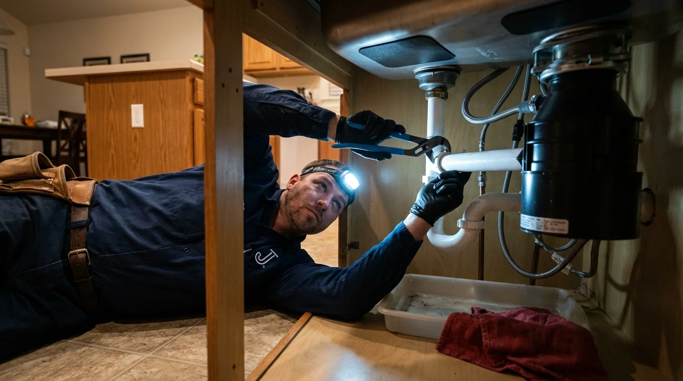 P-trap and supply line connections under a kitchen sink showing a common leak point in Wallace, NC